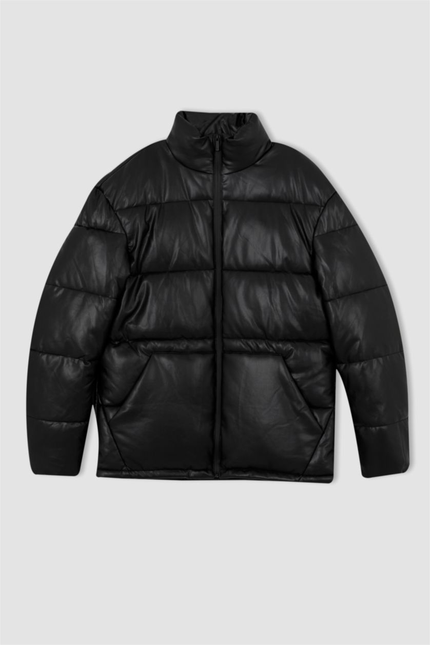 رجال أسود جاكيت جلد صناعي سليم فيت بياقة عالية