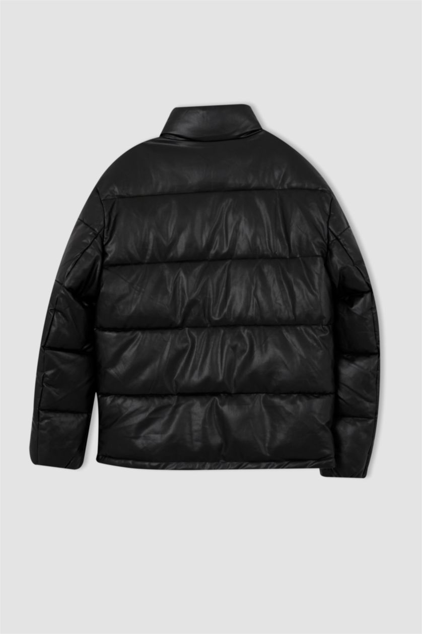 رجال أسود جاكيت جلد صناعي سليم فيت بياقة عالية