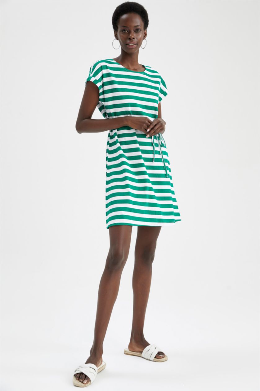 نساء أخضر فستان صيفي قصير مخطط بخصر التعادل