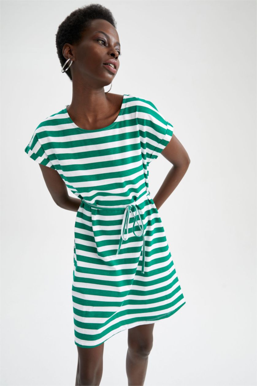 نساء أخضر فستان صيفي قصير مخطط بخصر التعادل