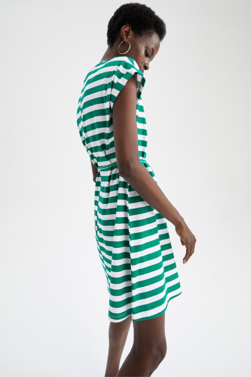 نساء أخضر فستان صيفي قصير مخطط بخصر التعادل