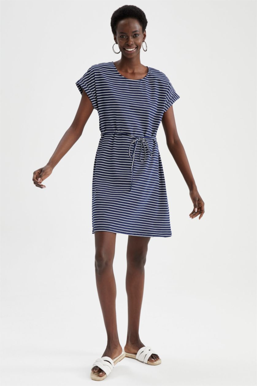 نساء كحلي فستان صيفي قصير مخطط بخصر التعادل