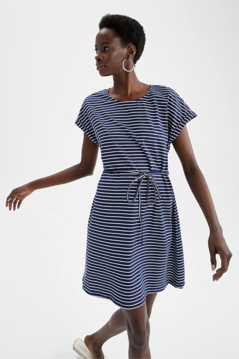 نساء كحلي فستان صيفي قصير مخطط بخصر التعادل