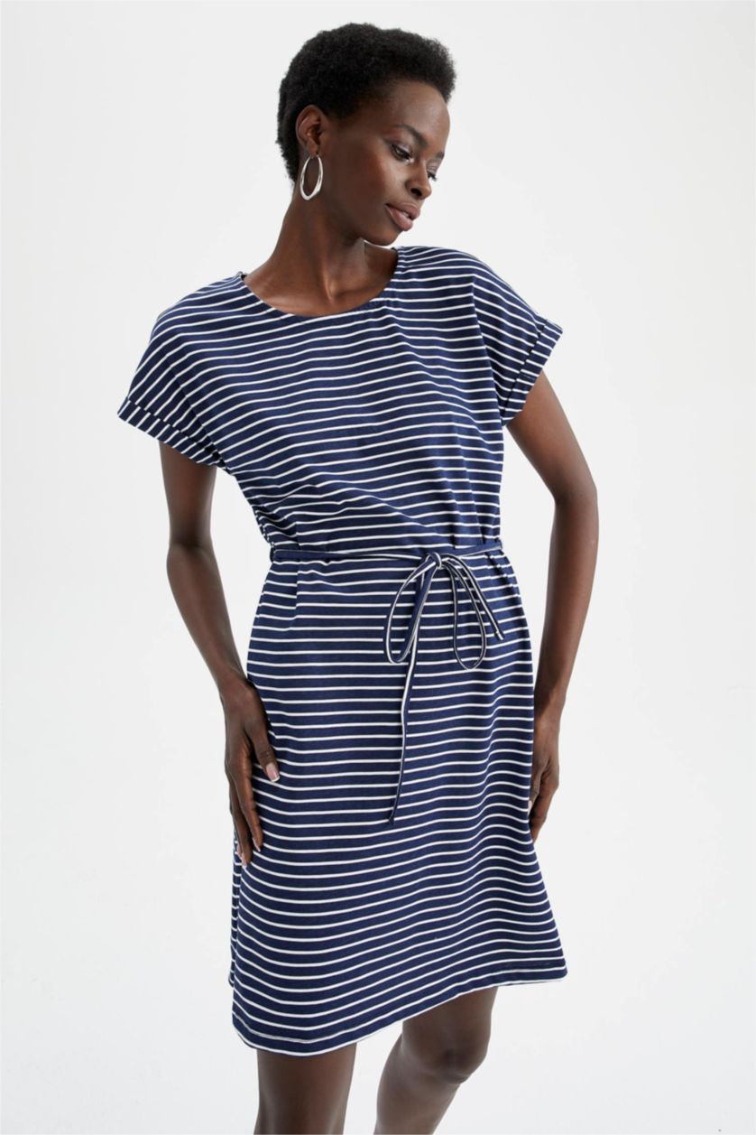 نساء كحلي فستان صيفي قصير مخطط بخصر التعادل