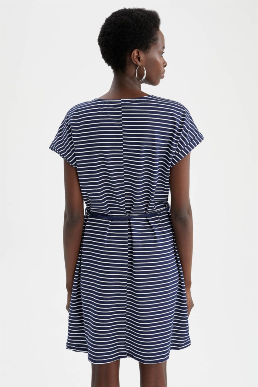 نساء كحلي فستان صيفي قصير مخطط بخصر التعادل