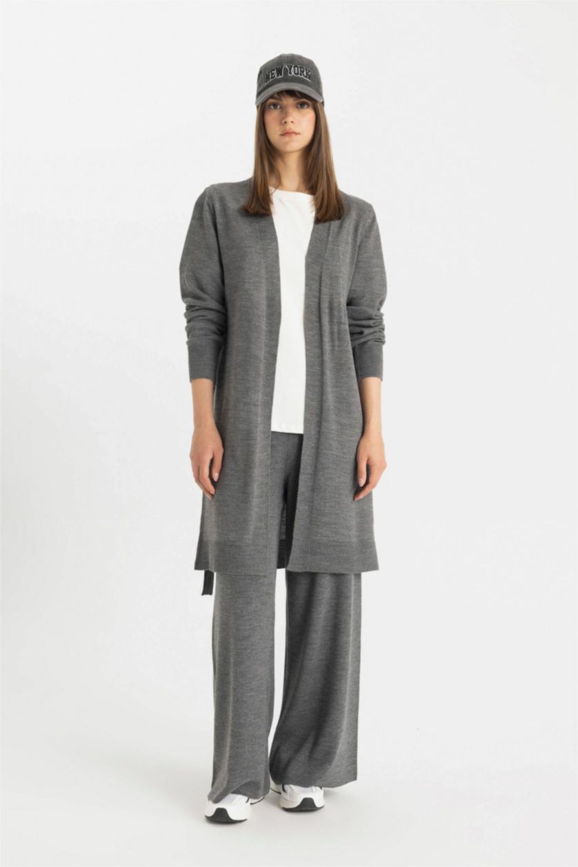 Kadın Antrasit Relax Fit Triko Pantolon Basic Düz Beli Lastikli Geniş Paça