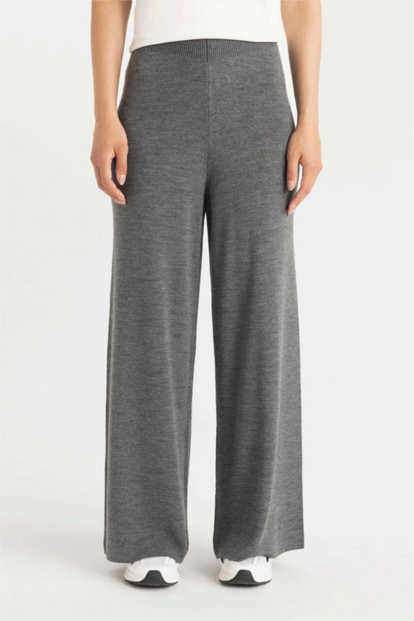 Kadın Antrasit Relax Fit Triko Pantolon Basic Düz Beli Lastikli Geniş Paça