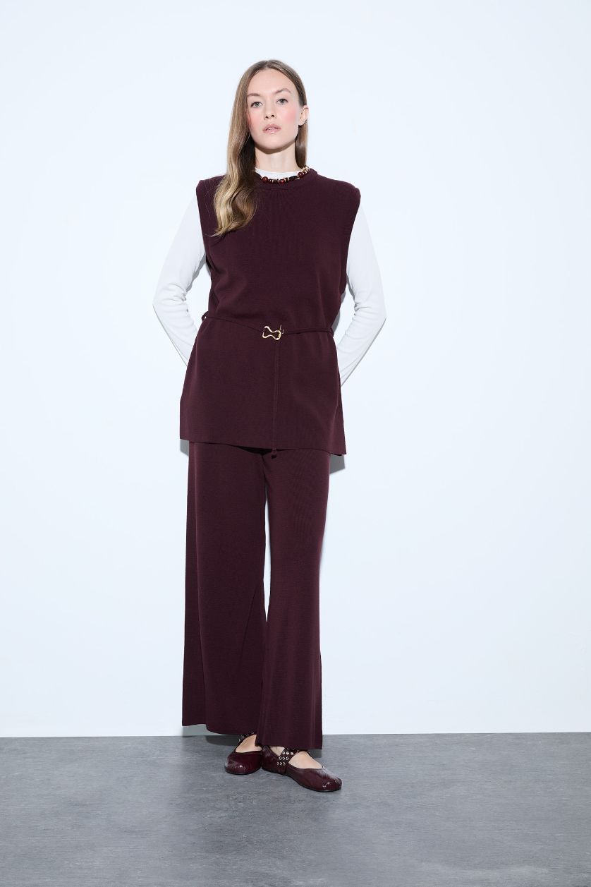 Kadın Bordo Relax Fit Triko Pantolon Basic Düz Beli Lastikli Geniş Paça