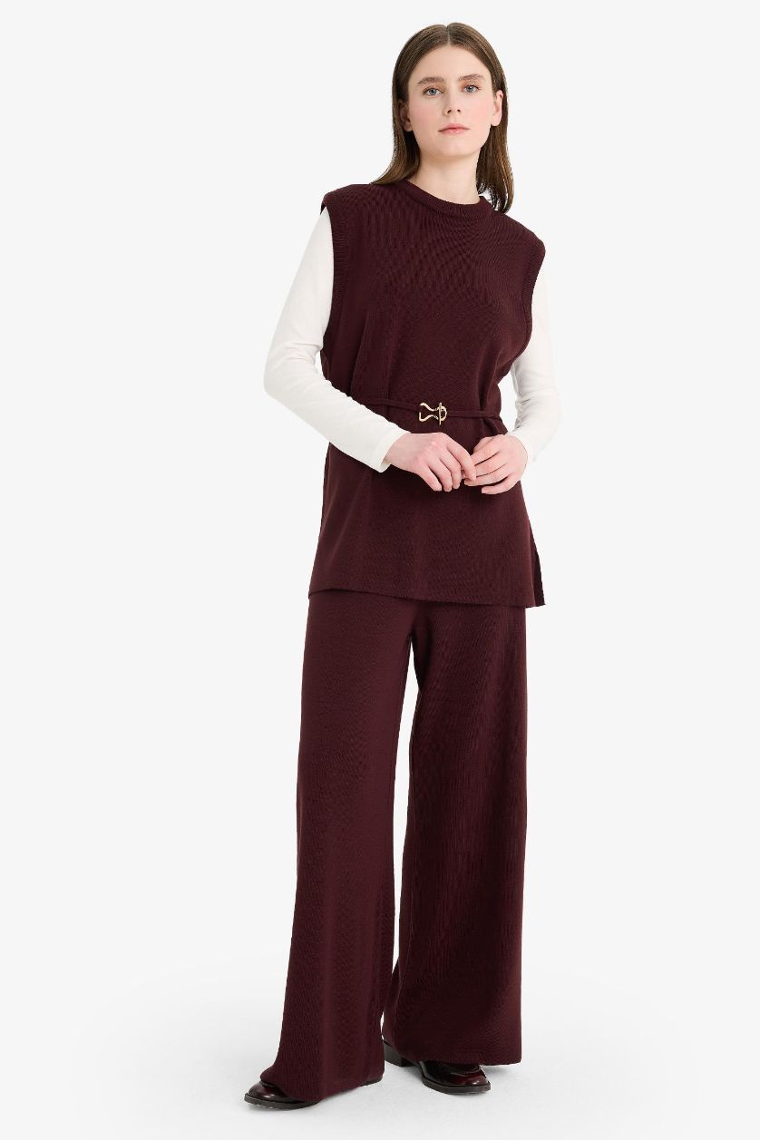 Kadın Bordo Relax Fit Triko Pantolon Basic Düz Beli Lastikli Geniş Paça