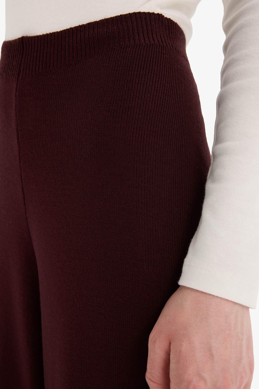 Kadın Bordo Relax Fit Triko Pantolon Basic Düz Beli Lastikli Geniş Paça