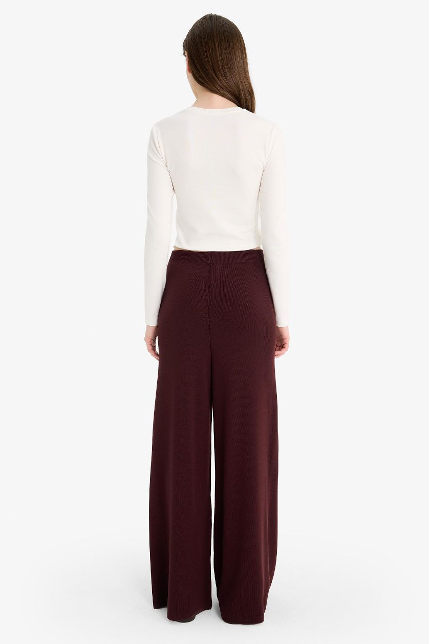 Kadın Bordo Relax Fit Triko Pantolon Basic Düz Beli Lastikli Geniş Paça