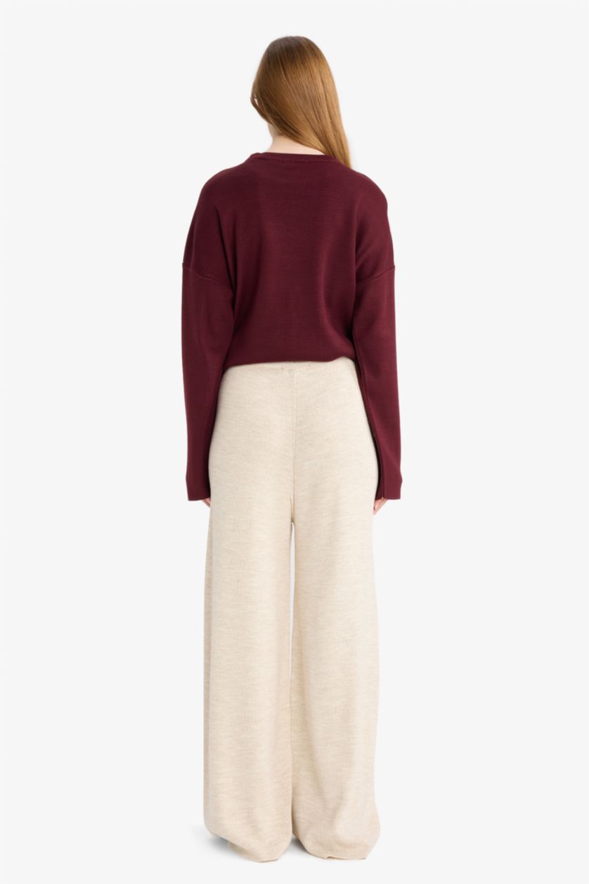 Kadın Ekru Relax Fit Triko Pantolon Basic Düz Beli Lastikli Geniş Paça