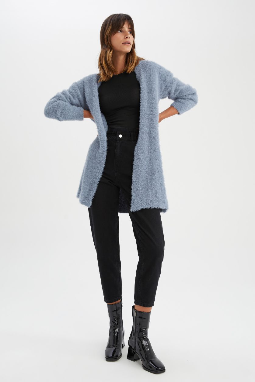 نساء نيلي جاكيت قصة عادية بياقة V