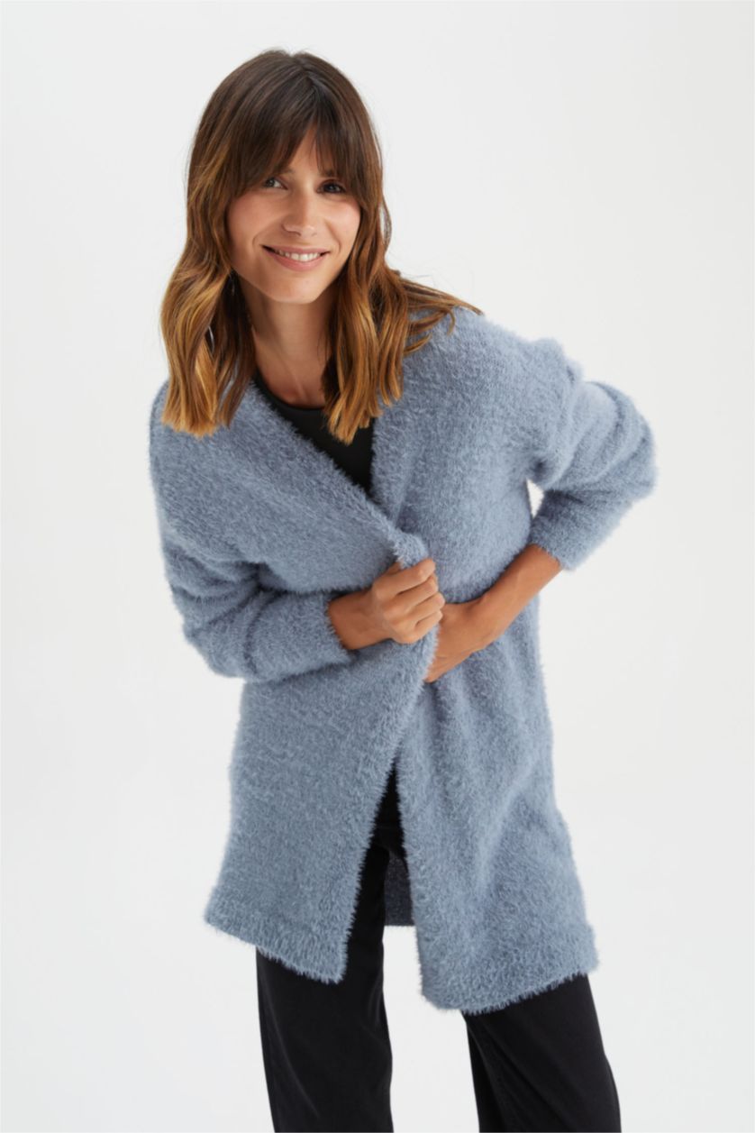 نساء نيلي جاكيت قصة عادية بياقة V