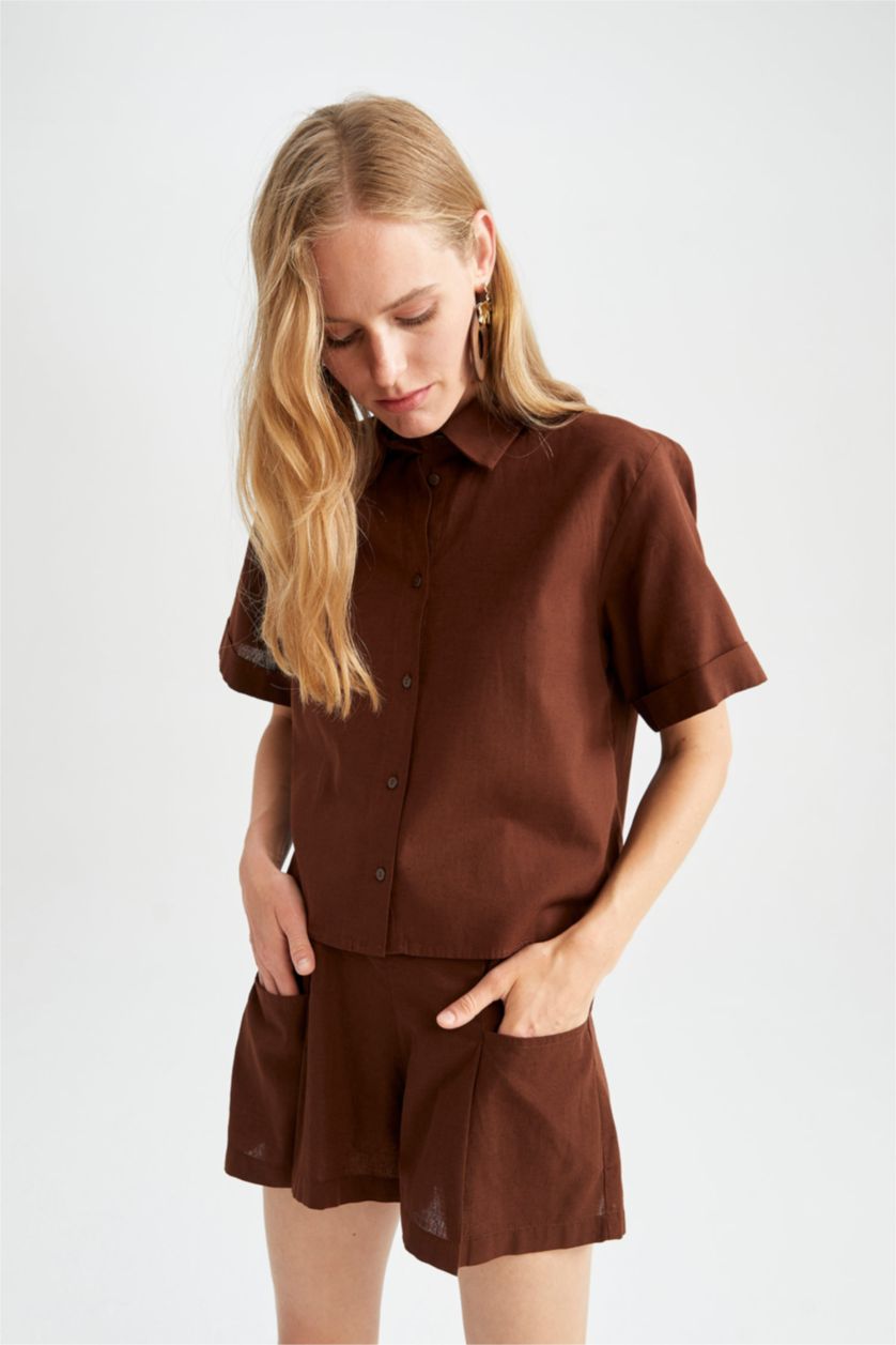 FEMME Marron Chemise courte aspect lin à manches courtes
