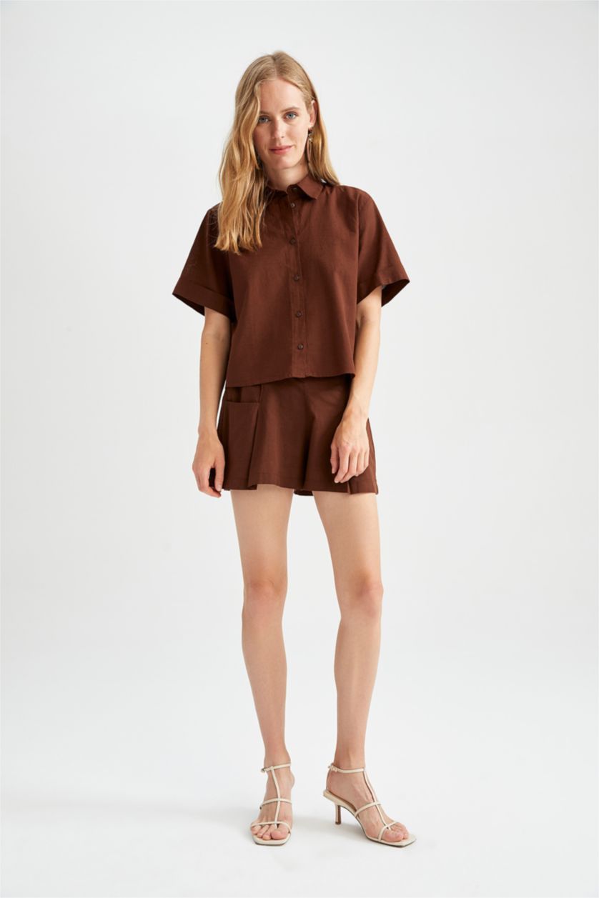 FEMME Marron Chemise courte aspect lin à manches courtes