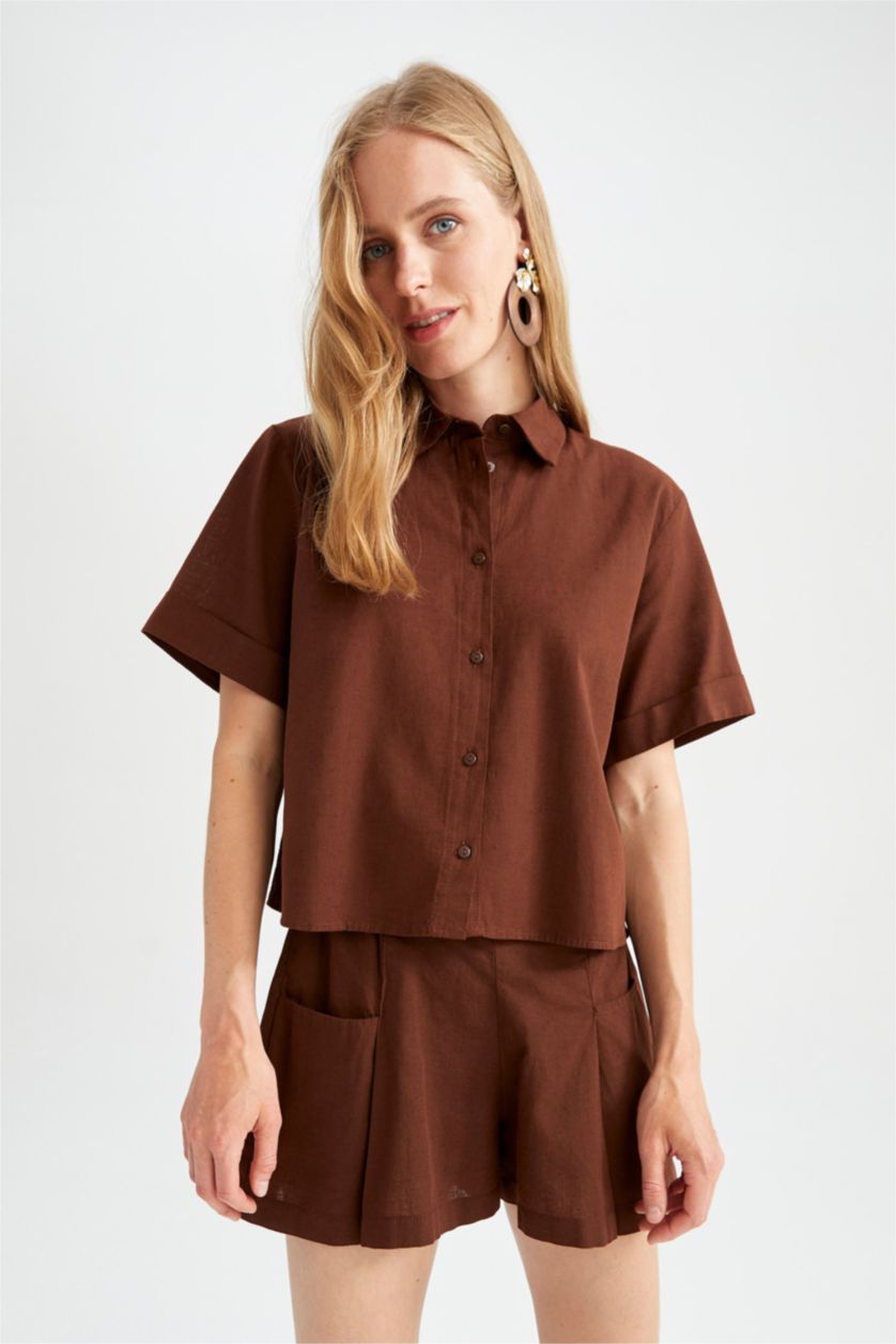 FEMME Marron Chemise courte aspect lin à manches courtes
