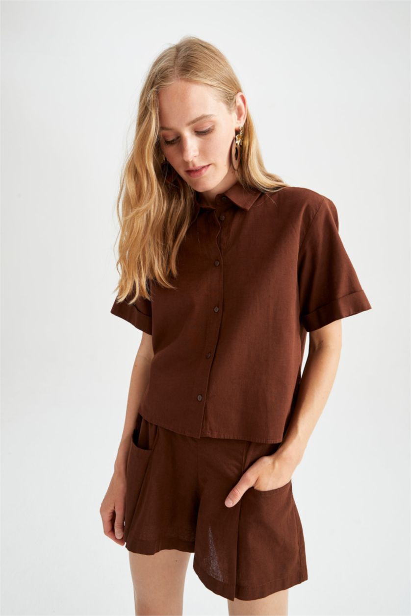 FEMME Marron Chemise courte aspect lin à manches courtes