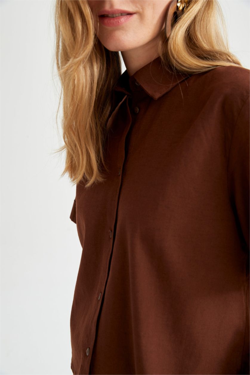 FEMME Marron Chemise courte aspect lin à manches courtes