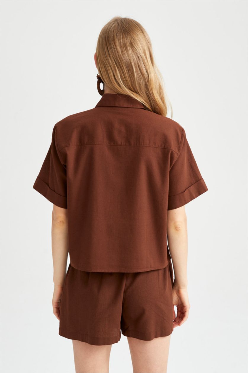 FEMME Marron Chemise courte aspect lin à manches courtes