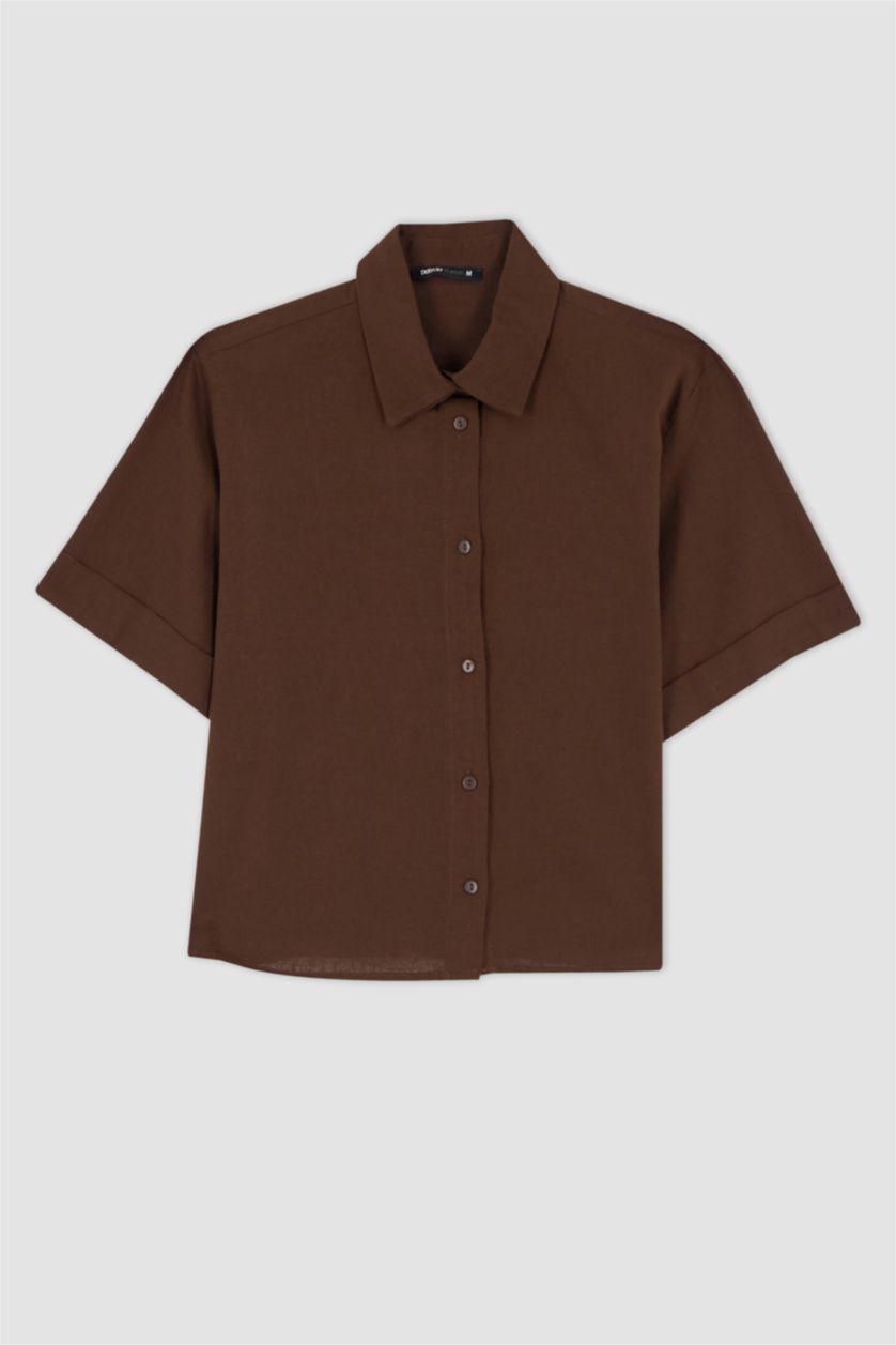 FEMME Marron Chemise courte aspect lin à manches courtes