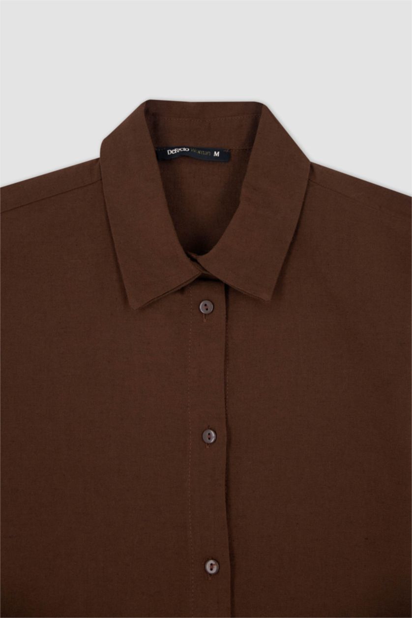 FEMME Marron Chemise courte aspect lin à manches courtes