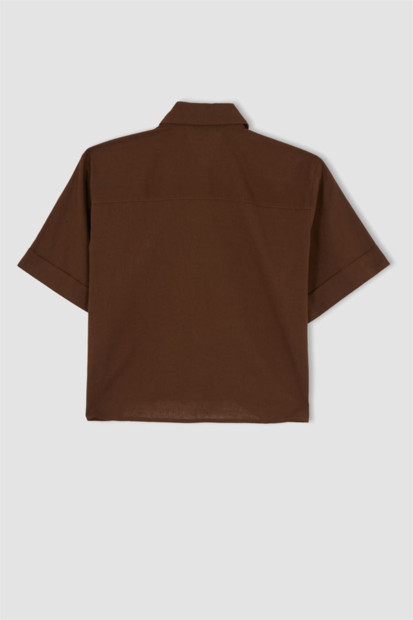 FEMME Marron Chemise courte aspect lin à manches courtes