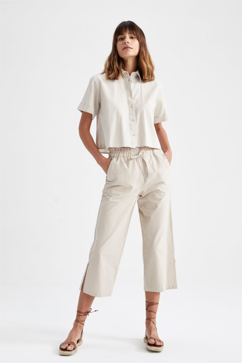 FEMME Beige Chemise courte aspect lin à manches courtes