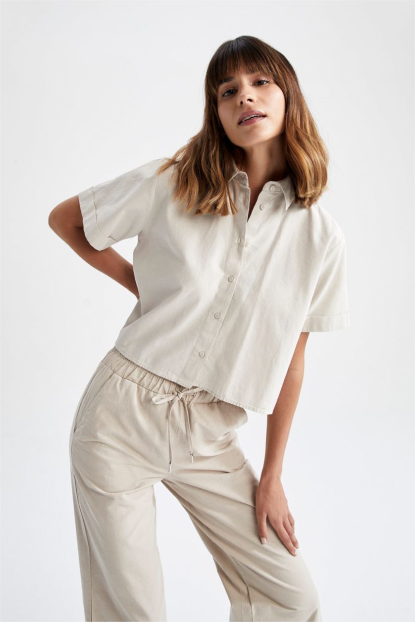 FEMME Beige Chemise courte aspect lin à manches courtes