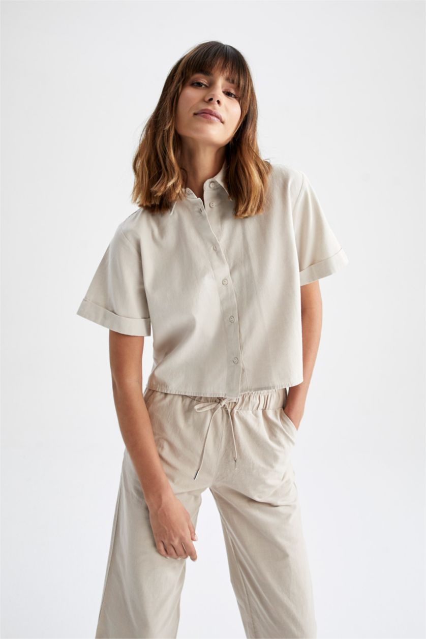 FEMME Beige Chemise courte aspect lin à manches courtes