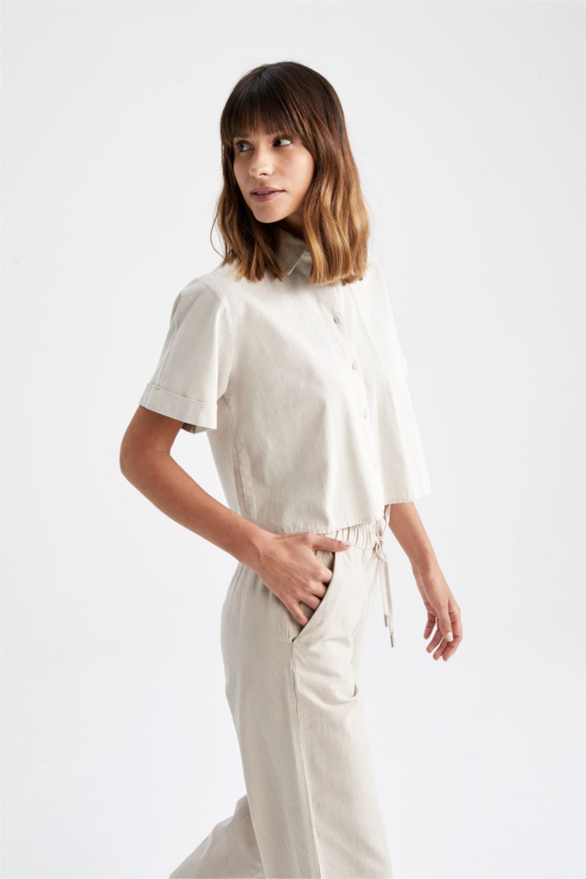 FEMME Beige Chemise courte aspect lin à manches courtes