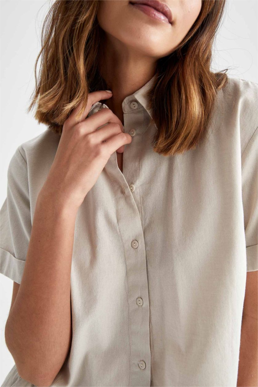 FEMME Beige Chemise courte aspect lin à manches courtes