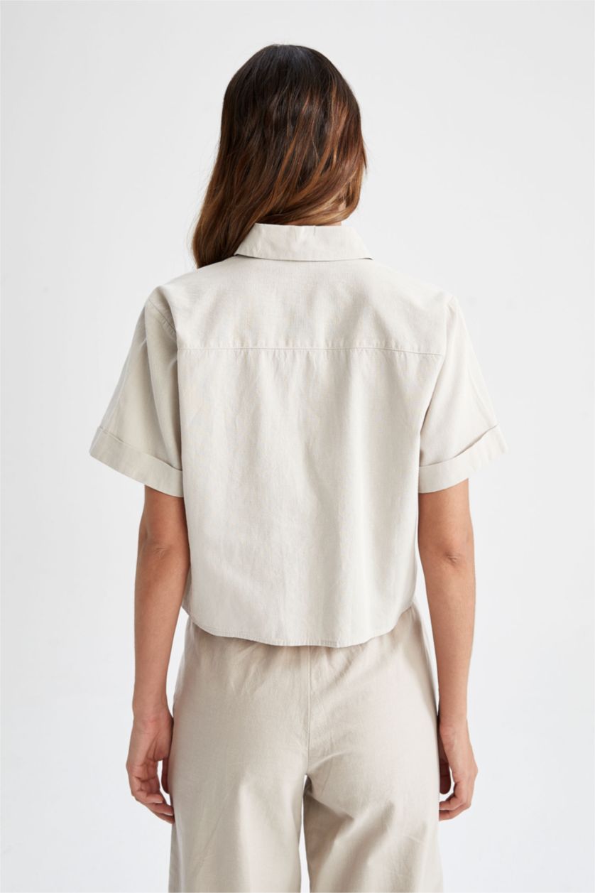 FEMME Beige Chemise courte aspect lin à manches courtes