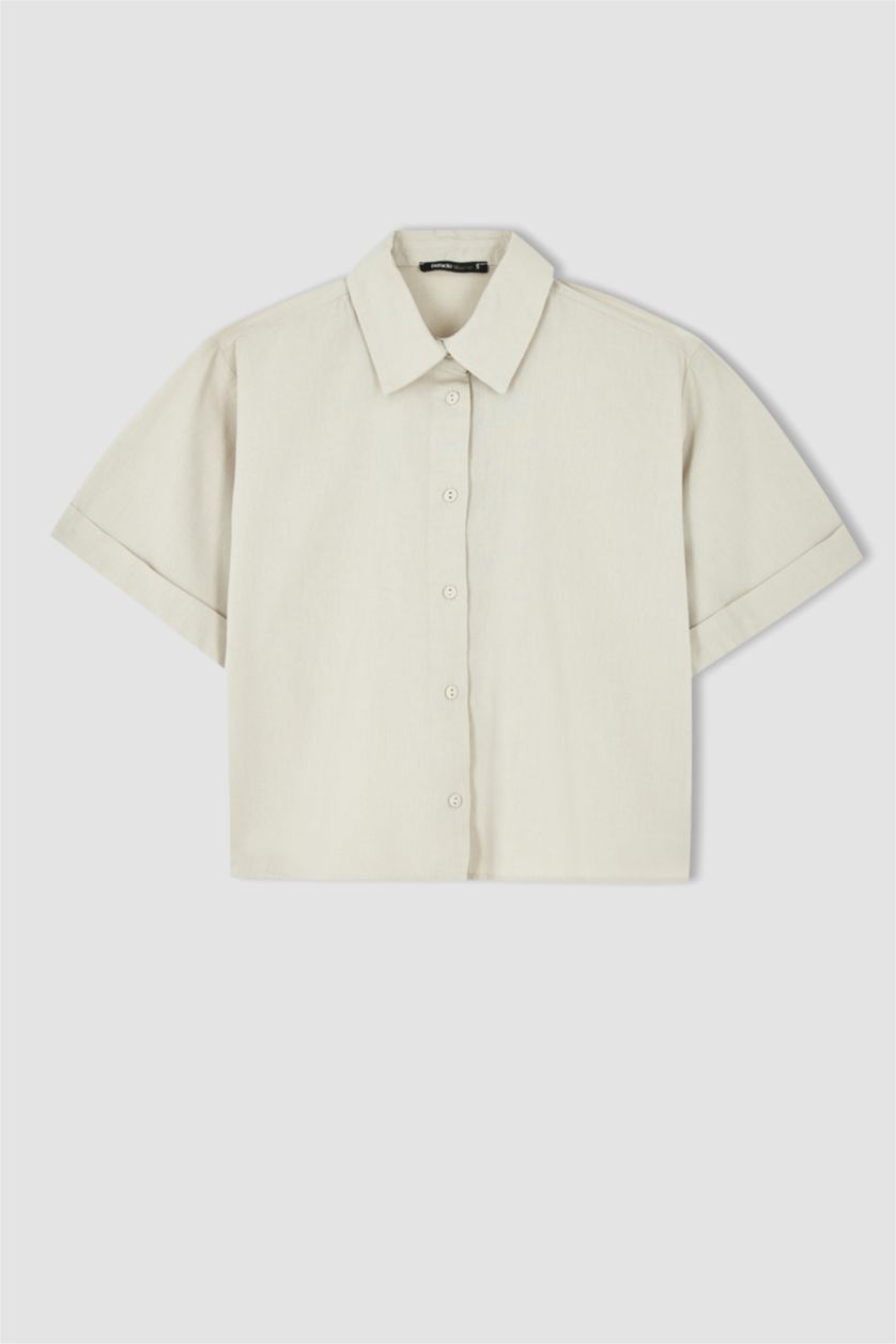 FEMME Beige Chemise courte aspect lin à manches courtes