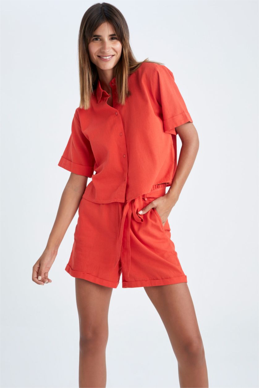 FEMME Rouge Chemise courte aspect lin à manches courtes