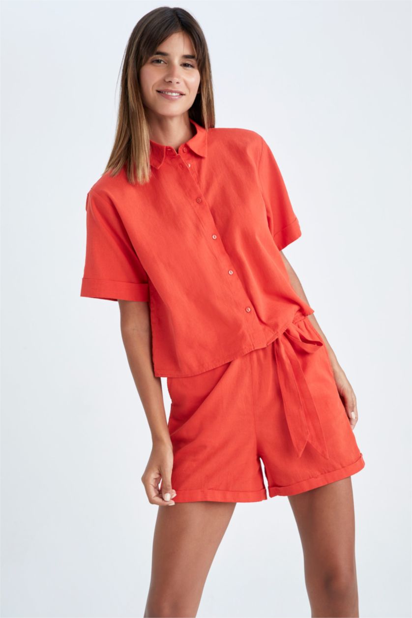 FEMME Rouge Chemise courte aspect lin à manches courtes