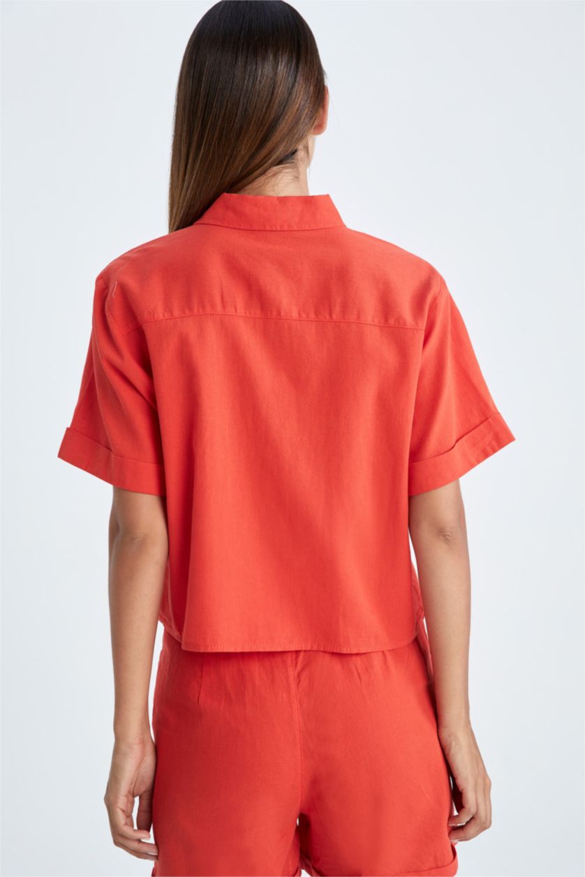 FEMME Rouge Chemise courte aspect lin à manches courtes