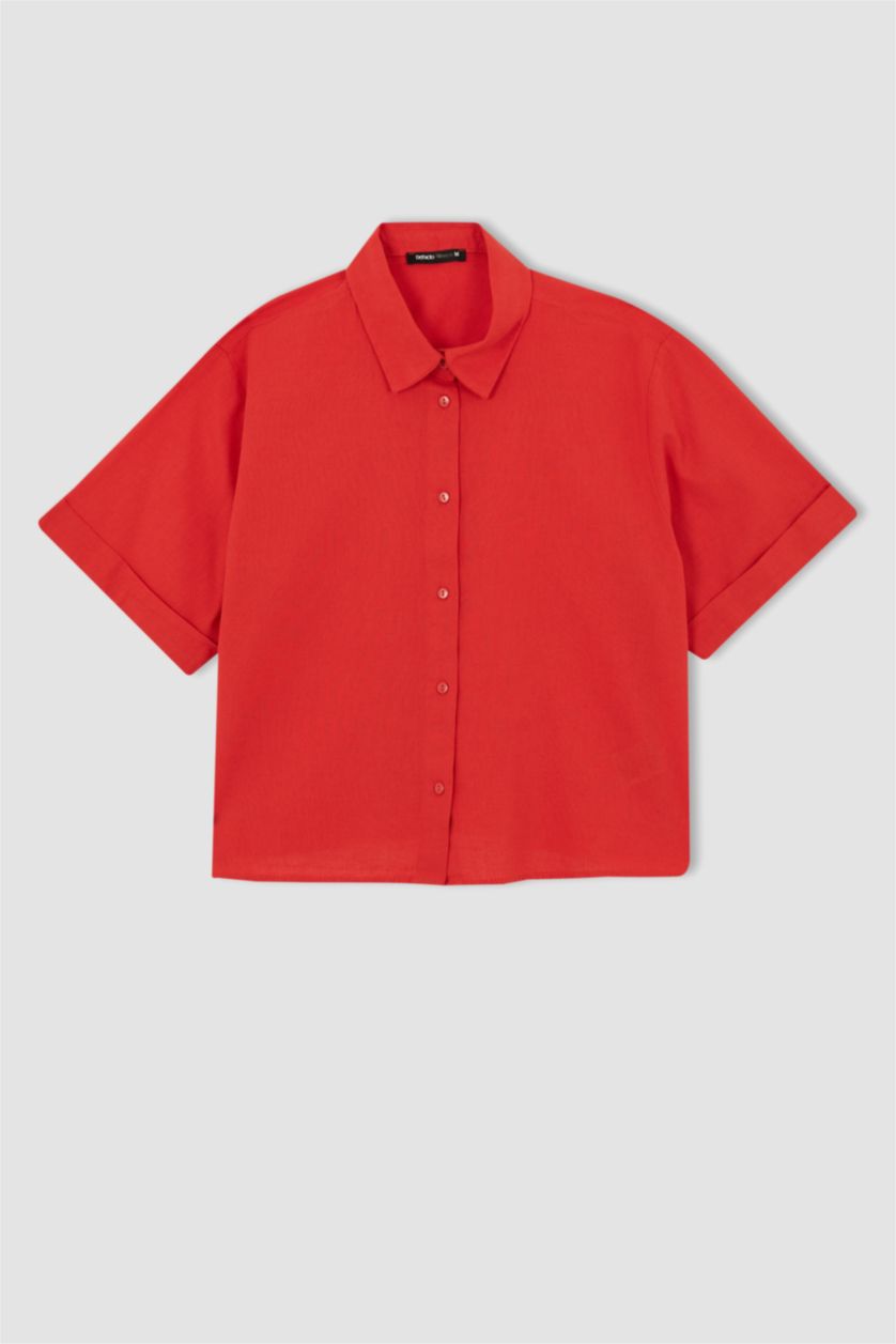 FEMME Rouge Chemise courte aspect lin à manches courtes