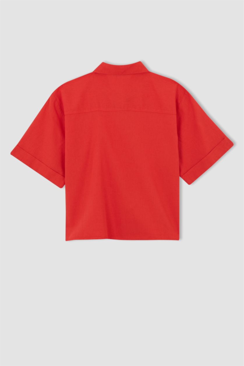 FEMME Rouge Chemise courte aspect lin à manches courtes