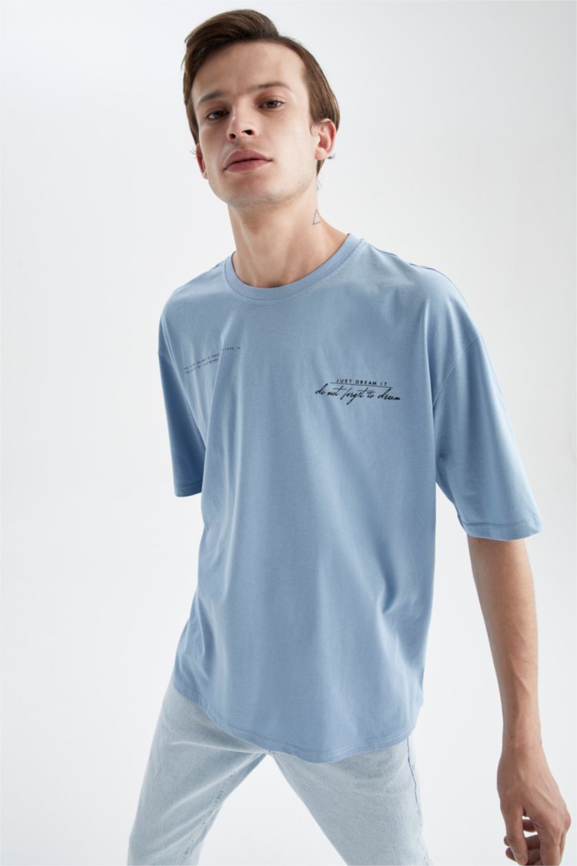 HOMME Bleu T-Shirt Ample İmprimé À Col Rond