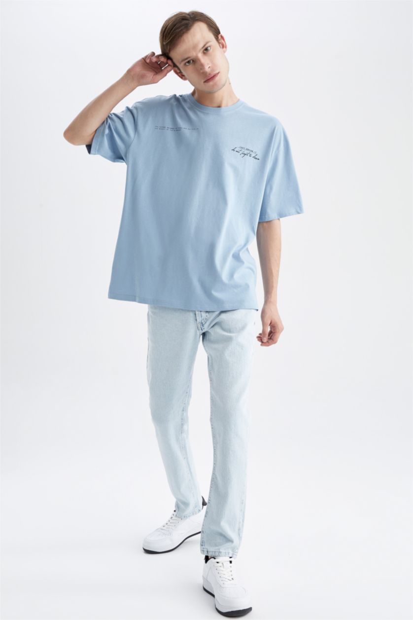 HOMME Bleu T-Shirt Ample İmprimé À Col Rond