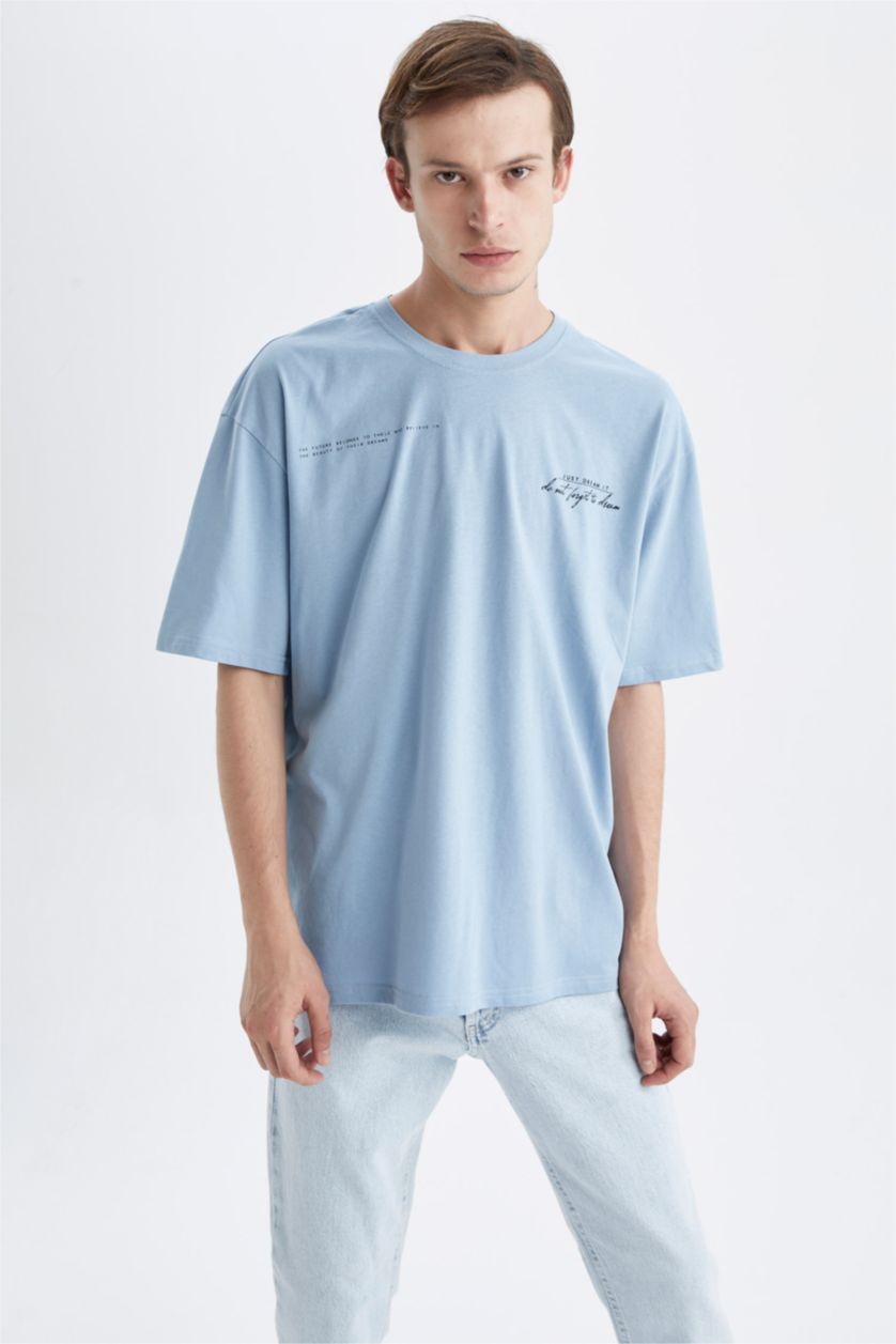 HOMME Bleu T-Shirt Ample İmprimé À Col Rond