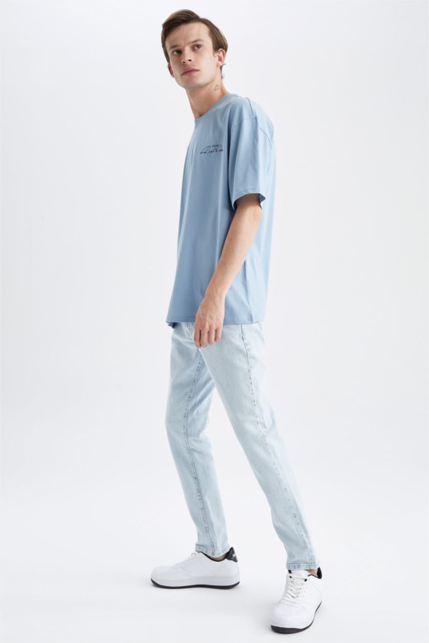 HOMME Bleu T-Shirt Ample İmprimé À Col Rond