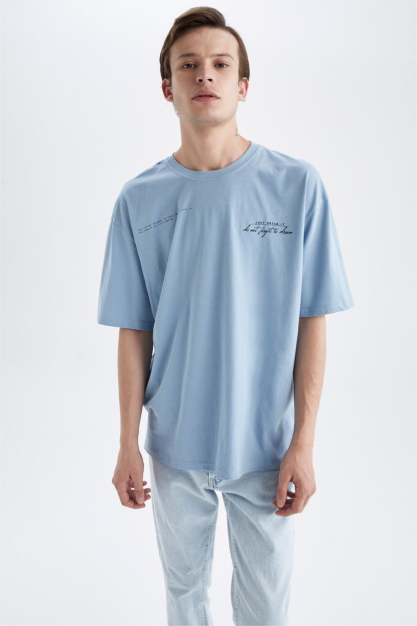 HOMME Bleu T-Shirt Ample İmprimé À Col Rond