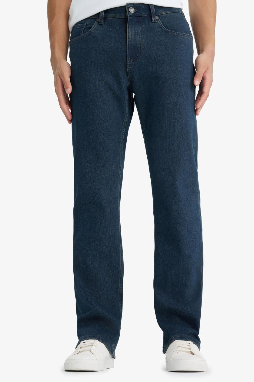 Erkek Koyu Mavi Diago Comfort Fit Yüksek Bel Geniş Paça Düz Paça Termal Polarlı Jean Pantolon