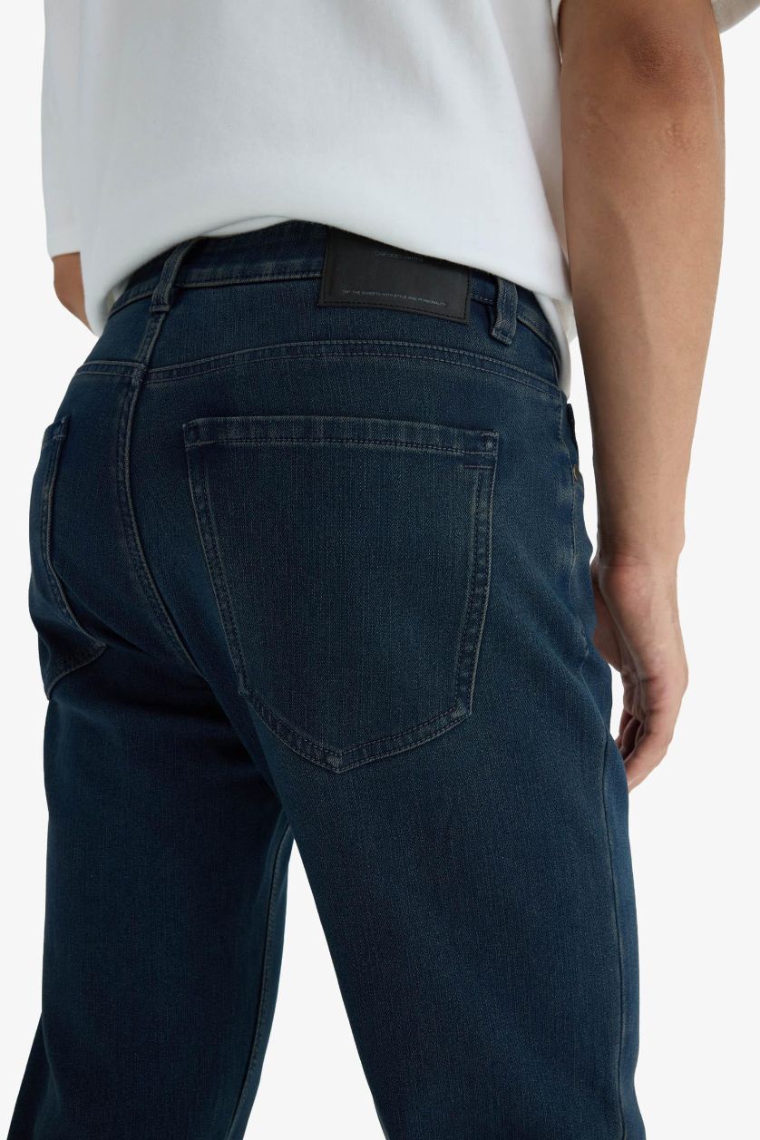 Erkek Koyu Mavi Diago Comfort Fit Yüksek Bel Geniş Paça Düz Paça Termal Polarlı Jean Pantolon