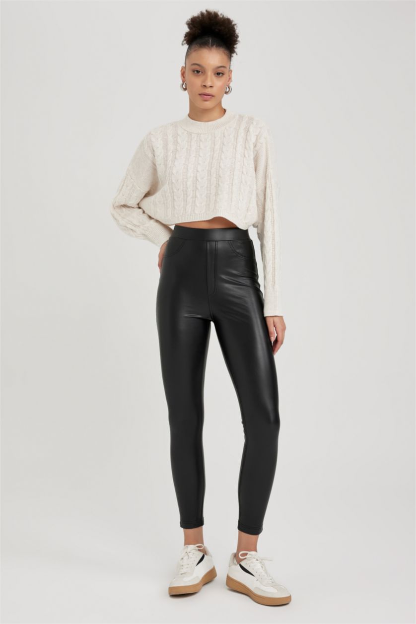 حريمي أسود بنطلون ليجن جلد صناعي سكيني فيت بخصر عادي