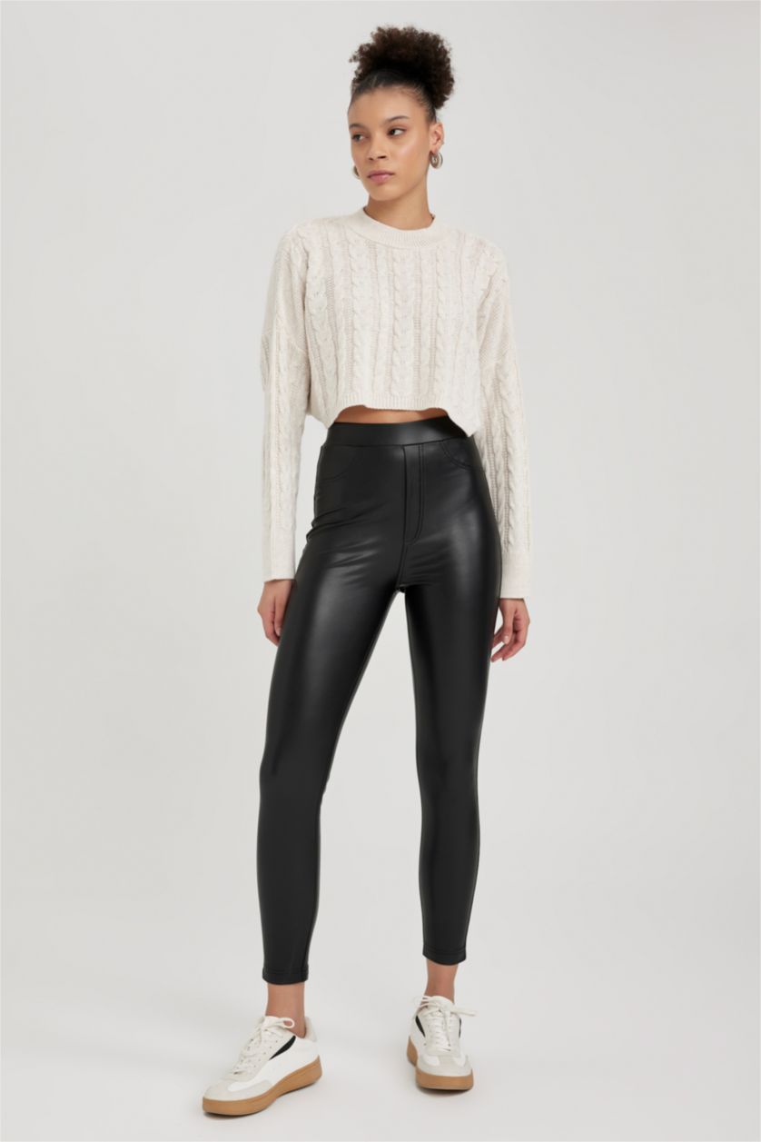 حريمي أسود بنطلون ليجن جلد صناعي سكيني فيت بخصر عادي