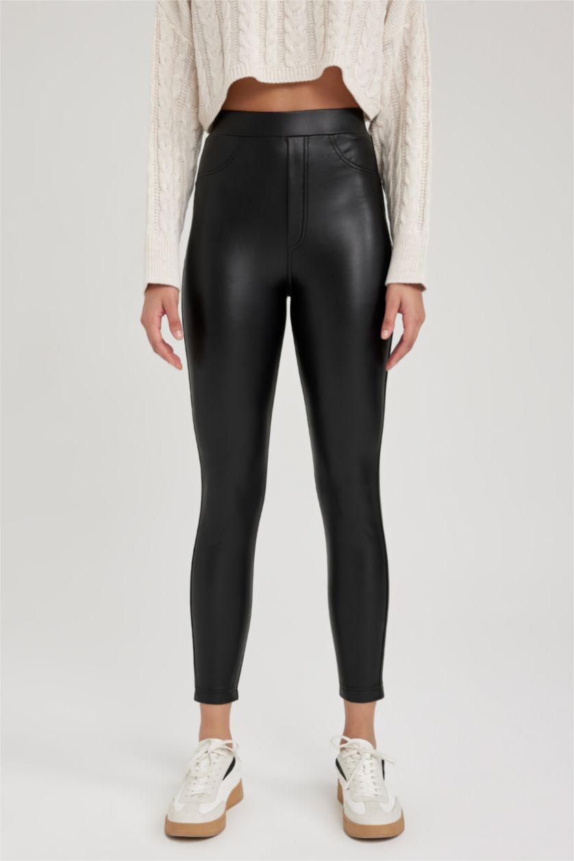 حريمي أسود بنطلون ليجن جلد صناعي سكيني فيت بخصر عادي