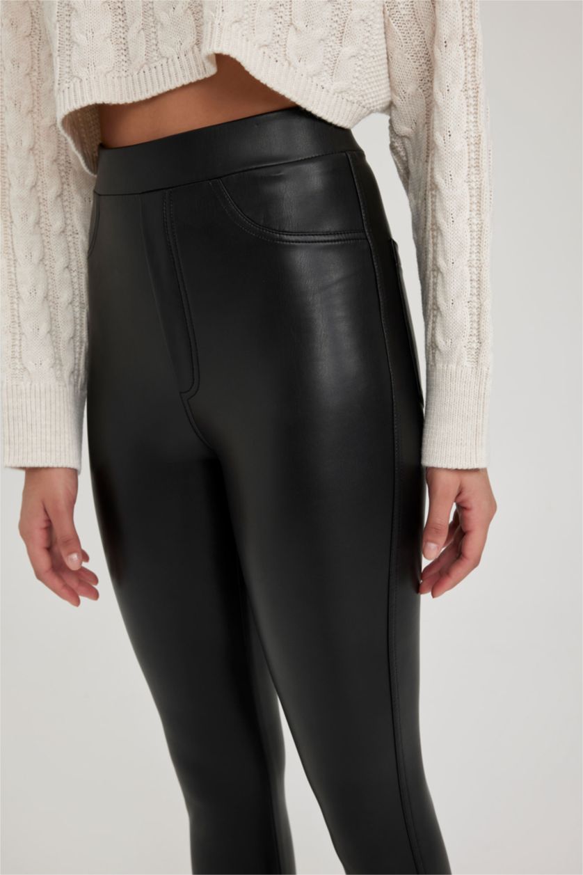 حريمي أسود بنطلون ليجن جلد صناعي سكيني فيت بخصر عادي